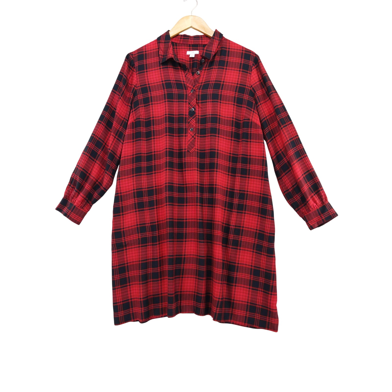 J. Jill Tunic Dress Women Medium Petite Red Black Plaid Tencel Button Front